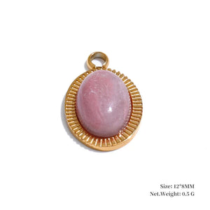 Pink stone pendant with gold frame on a white background