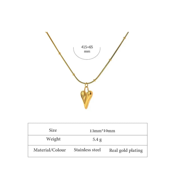 Gold-plated stainless steel heart pendant necklace with adjustable chain, 13x10mm size.