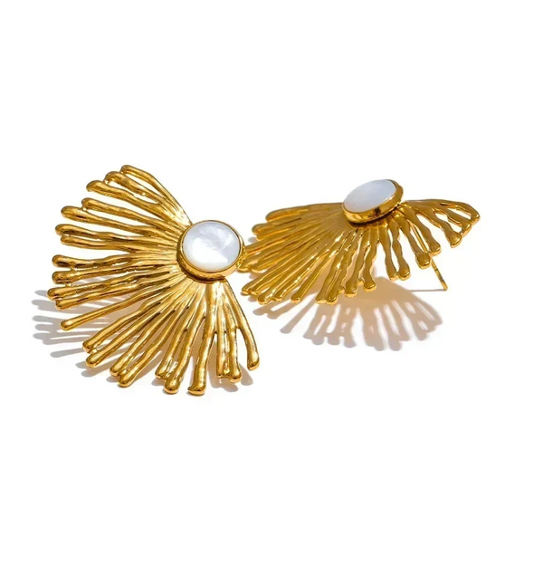 Gold earrings with a central pearl on a white background