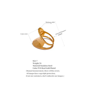Gold-plated stainless steel statement ring, size 7, with measurement annotations on white background.