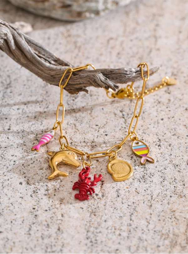 Gold Enamel Fish Charm Bracelet