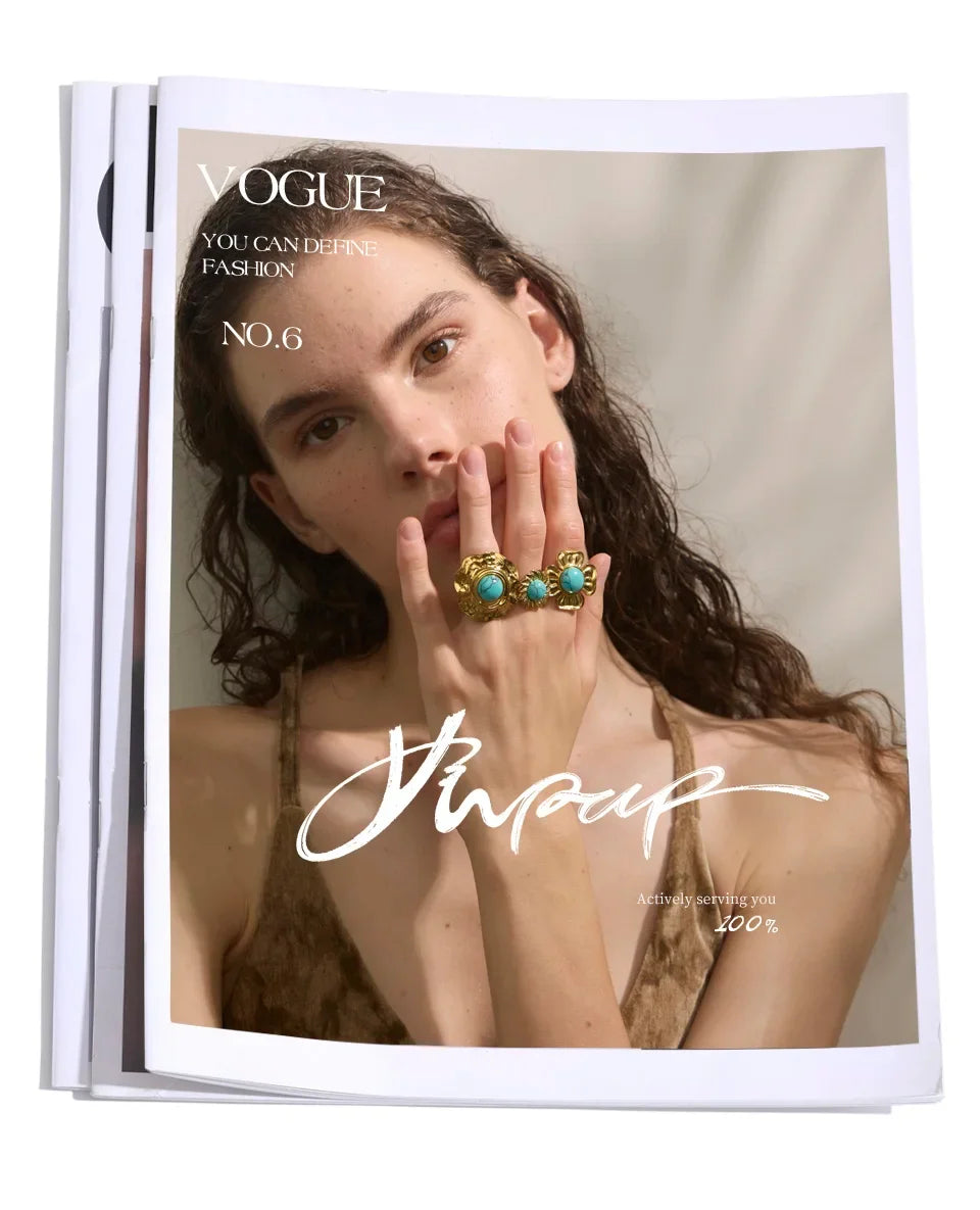 Yhpup Arrivals Blue Turquoise Flower Sun Adjustable Ring for Women 18K Golden Plated Stainless Steel Fashion Finger Jewelry