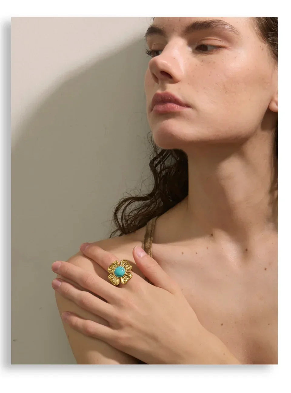 Yhpup Arrivals Blue Turquoise Flower Sun Adjustable Ring for Women 18K Golden Plated Stainless Steel Fashion Finger Jewelry