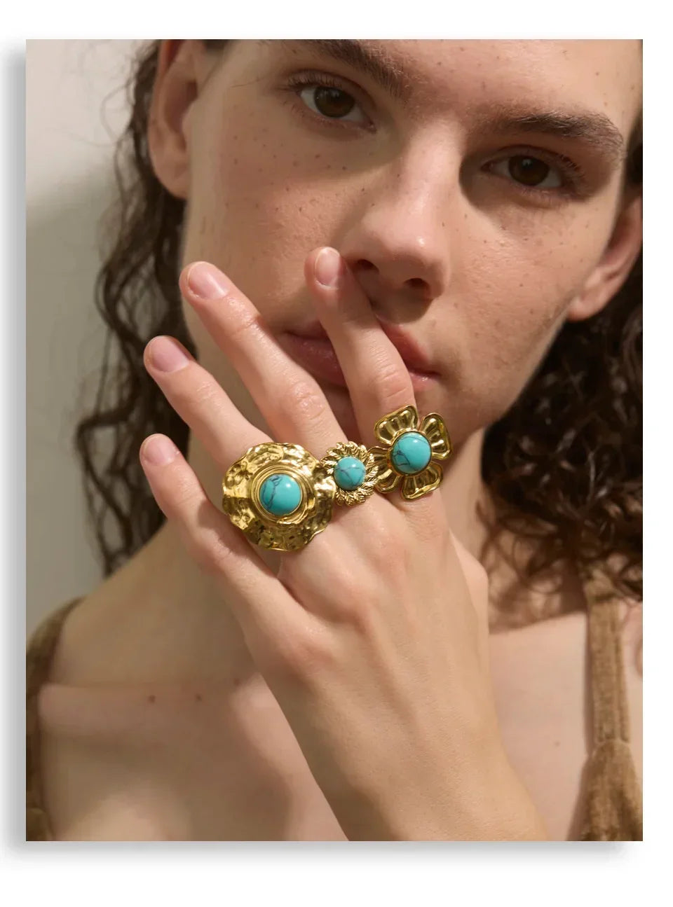 Yhpup Arrivals Blue Turquoise Flower Sun Adjustable Ring for Women 18K Golden Plated Stainless Steel Fashion Finger Jewelry