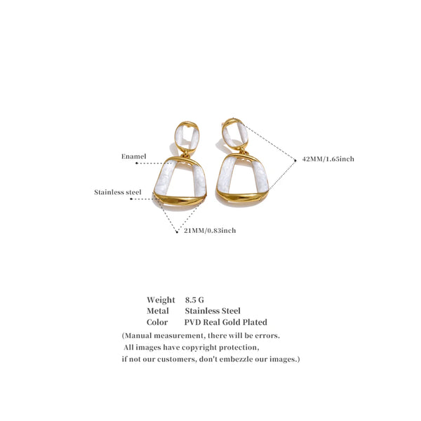 Gold and white earrings with measurement details on a white background