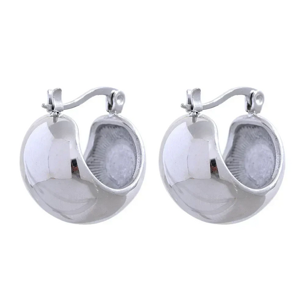 Pair of polished 925 silver chunky hoop earrings with latch back closures on white background