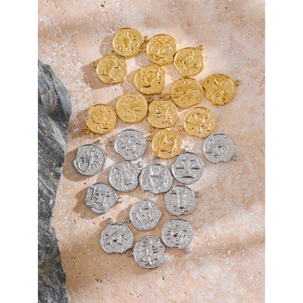 Real Gold Plated 12 Constellation Metal Diy Charms For Jewelry Making Bulk Stainless Steel Charm Pendant Accessories