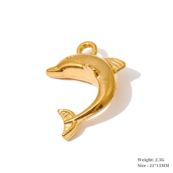 A gold dolphin-shaped jewelry charm with a small hanging loop, shown on a white background with a soft shadow. Small text in the bottom right corner reads 'Weight: 2.