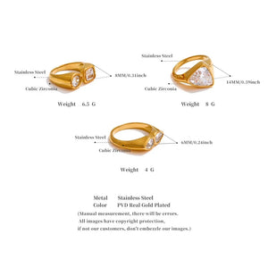 Three gold rings with cubic zirconia stones on a white background, showing measurements and material details.