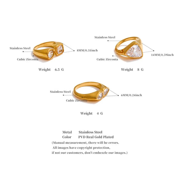 Three gold rings with cubic zirconia stones on a white background, showing measurements and material details.