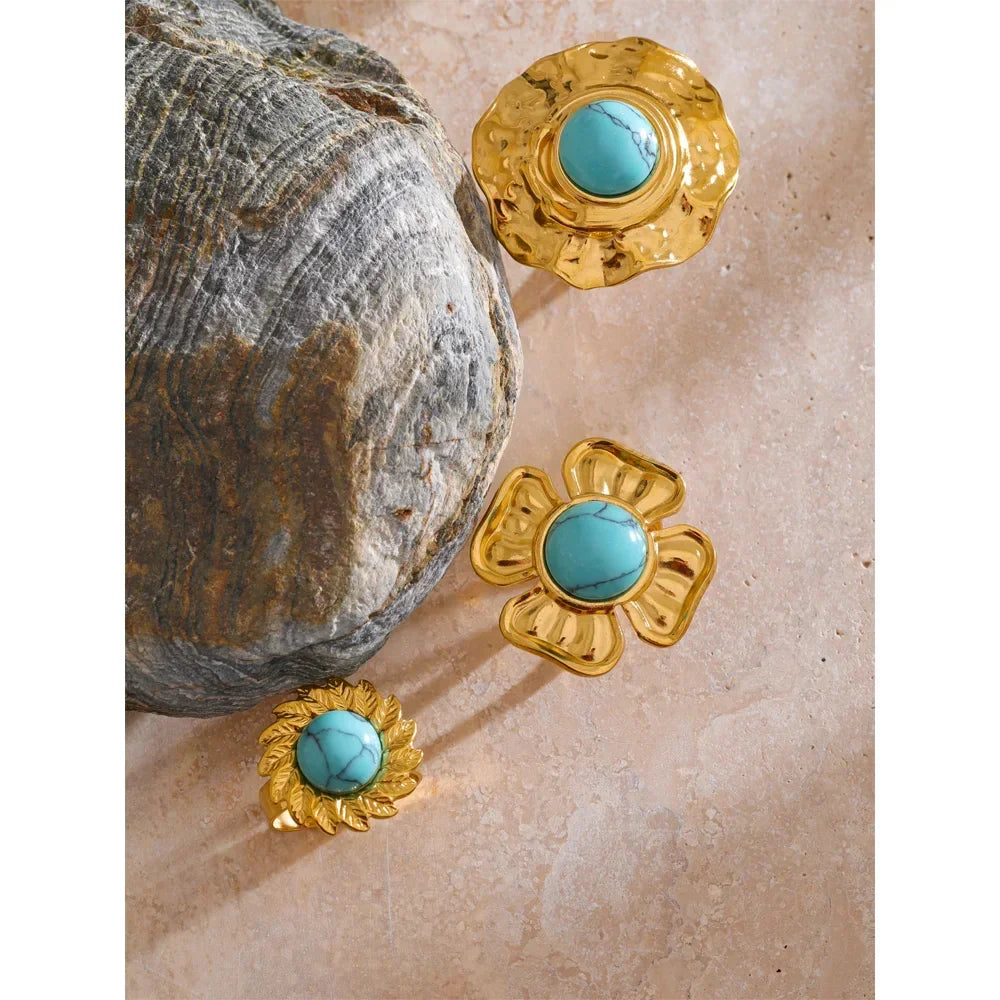 Yhpup Arrivals Blue Turquoise Flower Sun Adjustable Ring for Women 18K Golden Plated Stainless Steel Fashion Finger Jewelry