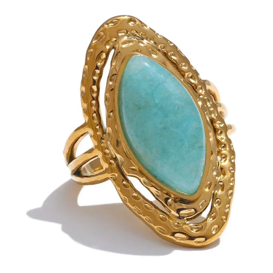 Gold ring with a turquoise stone on a white background