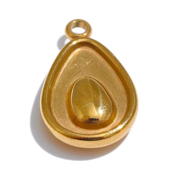 A teardrop-shaped gold pendant with a smooth, polished finish and a small loop at the top, featuring a faceted gold inlay in the center. The pendant is shown on a white background with a soft shadow, and text in the bottom right corner reads 'Size: 17*10 MM Weight: 2 G'.
