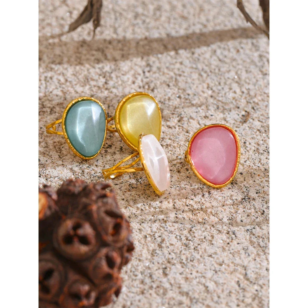 Exquisite Candy Multi-Color White Pink Blue Yellow Resin Adjustable Ring Gold Color Stainless Steel Summer Jewelry Gift