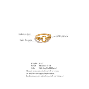 Gold ring with chain design on a white background, featuring text details about material and measurements.