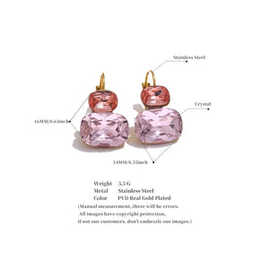Pink crystal earrings with measurements and material details on a white background