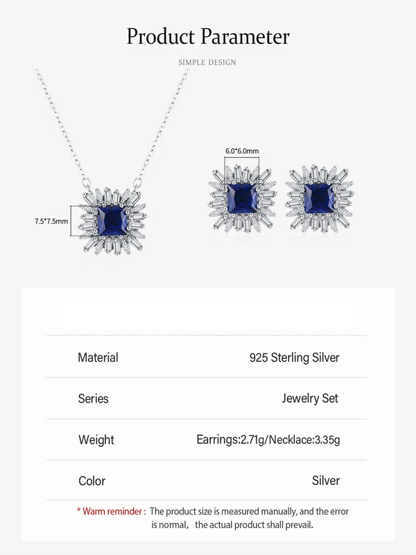 Product specification sheet for an Ailmay jewelry set, showing a silver necklace and matching stud earrings with deep blue square center stones, along with dimensions and material details on a light background.