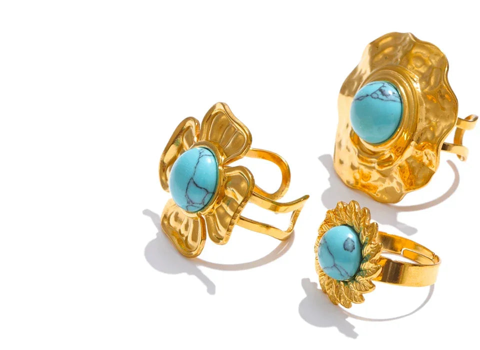 Yhpup Arrivals Blue Turquoise Flower Sun Adjustable Ring for Women 18K Golden Plated Stainless Steel Fashion Finger Jewelry