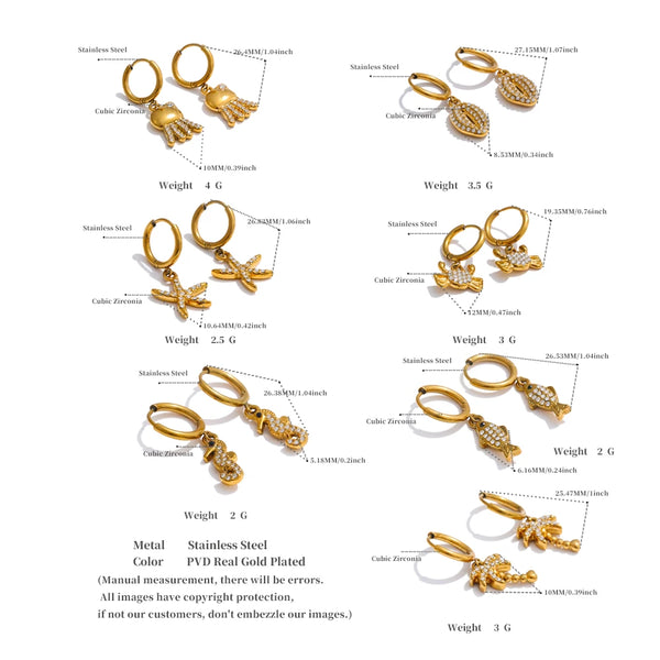 Gold earrings with measurements and details on a white background