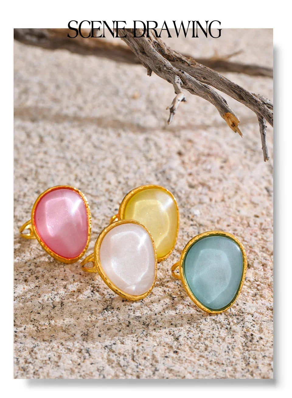 Exquisite Candy Multi-Color White Pink Blue Yellow Resin Adjustable Ring Gold Color Stainless Steel Summer Jewelry Gift