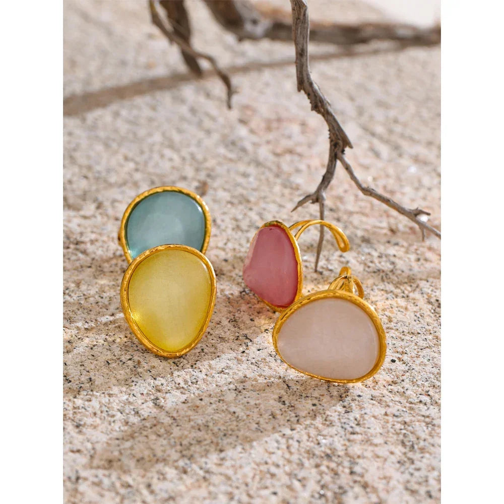 Exquisite Candy Multi-Color White Pink Blue Yellow Resin Adjustable Ring Gold Color Stainless Steel Summer Jewelry Gift