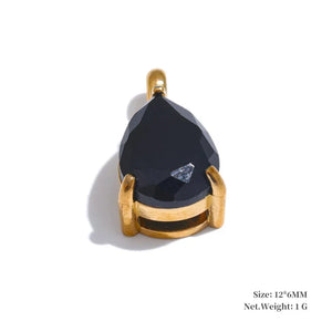 Black teardrop-shaped pendant with gold setting on a white background