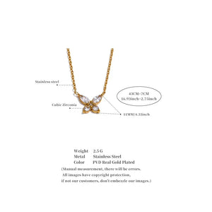 Gold necklace with cubic zirconia stones on a white background, showing measurements and material details.