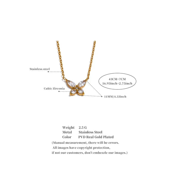Gold necklace with cubic zirconia stones on a white background, showing measurements and material details.