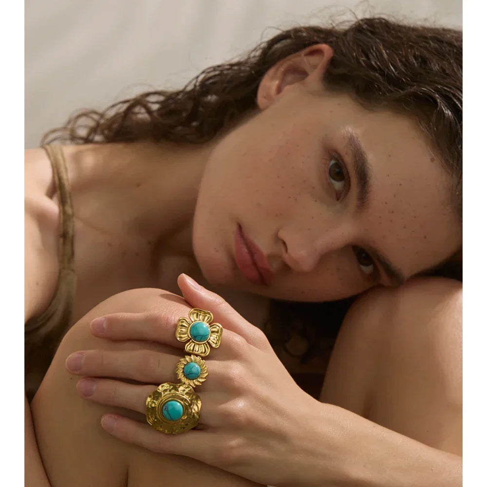 Yhpup Arrivals Blue Turquoise Flower Sun Adjustable Ring for Women 18K Golden Plated Stainless Steel Fashion Finger Jewelry