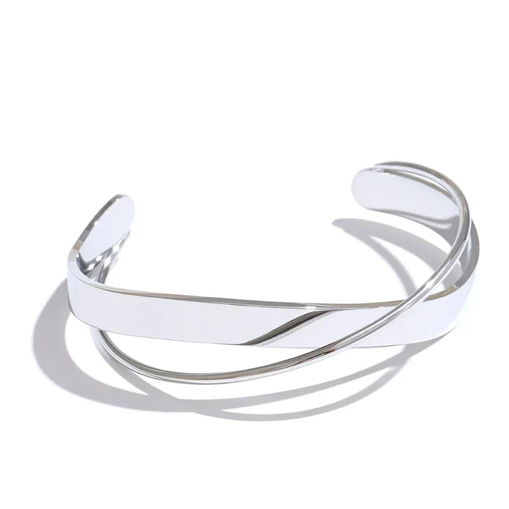 Silver bracelet on a white background.