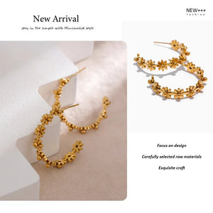 Gold hoop earrings with floral designs on a white background, labeled 'New Arrival' and 'NEW++ Fashion'.