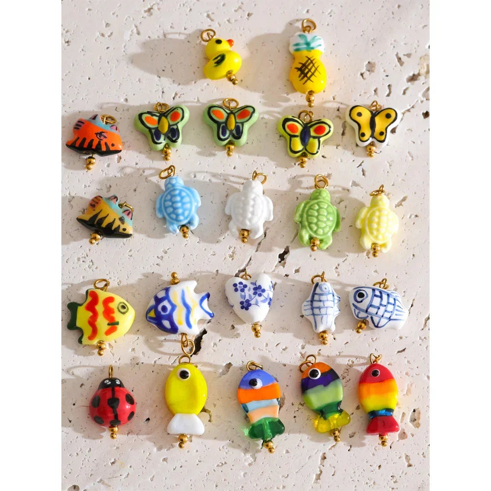 1PC Fashion Enamel Fish Turtle Flower Insect Stainless Steel Charm DIY Accessories Making Necklace Bracelet Jewelry