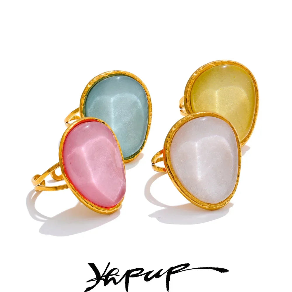 Exquisite Candy Multi-Color White Pink Blue Yellow Resin Adjustable Ring Gold Color Stainless Steel Summer Jewelry Gift