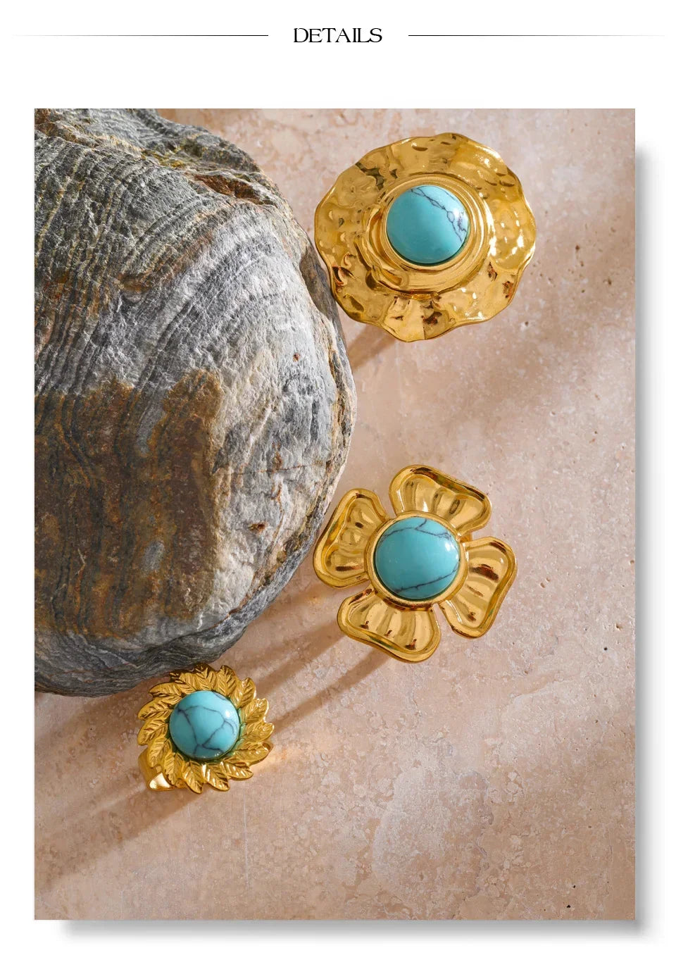 Yhpup Arrivals Blue Turquoise Flower Sun Adjustable Ring for Women 18K Golden Plated Stainless Steel Fashion Finger Jewelry