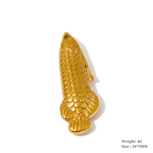 A gold-colored fish-shaped pendant with a textured scale pattern, shown on a plain white background with product specifications printed in the bottom right corner.