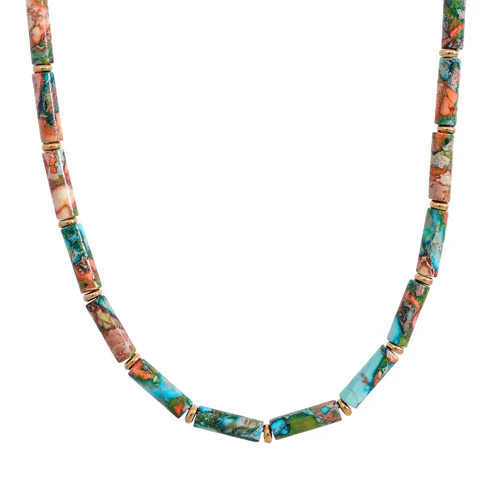 A colorful natural stone chain necklace with geometric pendants, plated with 18K PVD stainless steel, displayed with the Yhpup brand signature.