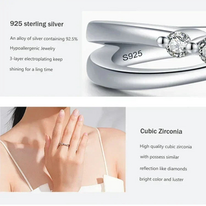 925 sterling silver ring with cubic zirconia detail, worn on woman's hand, close-up display