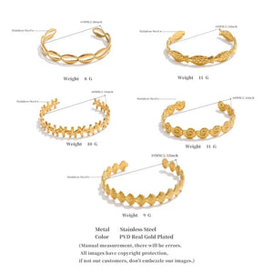 Gold bracelets with measurements and material details on a white background