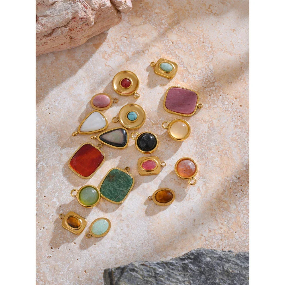 Exquisite Stainless Steel Natural Stone Square Round Oval Pendants for Necklace Bracelet Earrings DIY Accessories Making