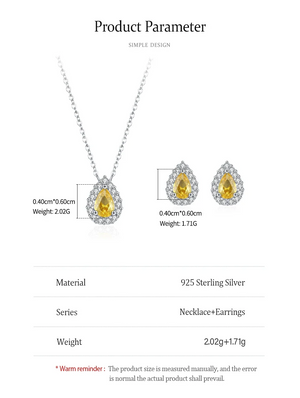 Product information graphic for a silver necklace and matching earrings with yellow teardrop-shaped center stones. The image shows the necklace and earrings, size measurements, weights, and a table listing material as 925 Sterling Silver and the series as Necklace+Earrings.