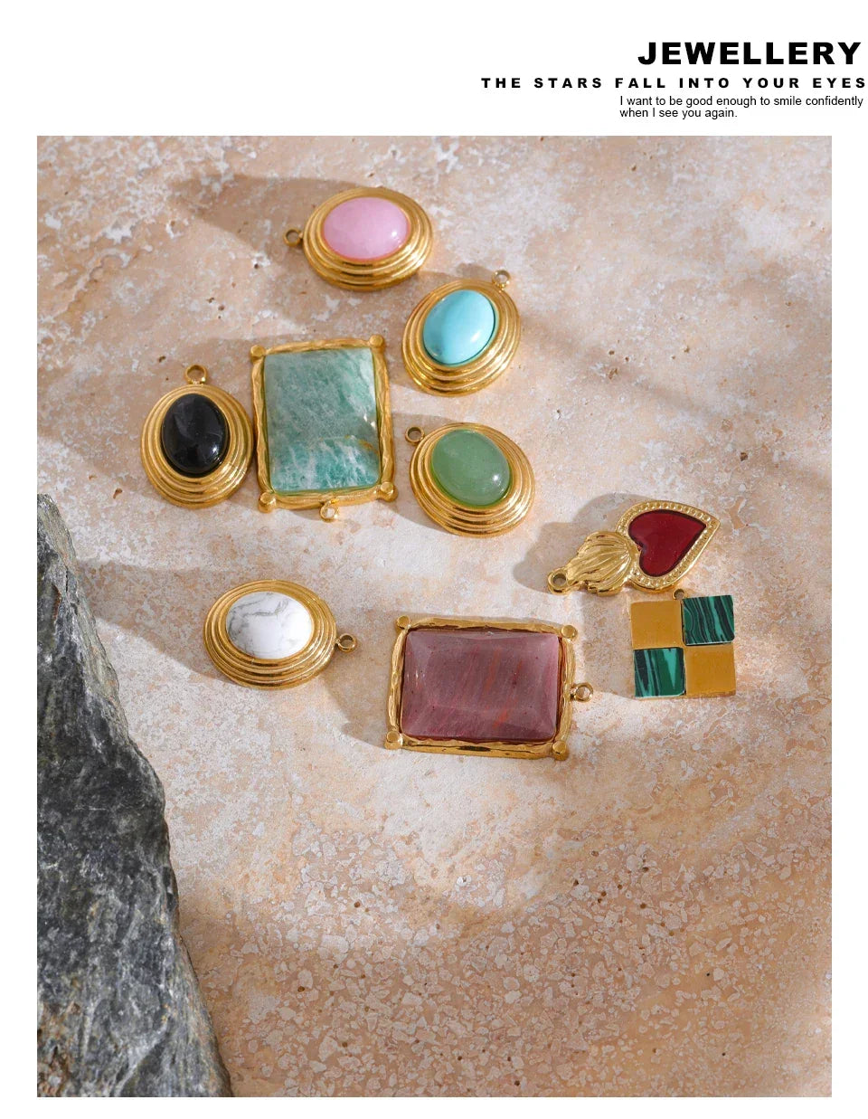 Exclusive Stainless Steel Natural Stone Round Square Water Drop DIY Handmade Accessories Waterproof Jewelry 18k PVD Plated