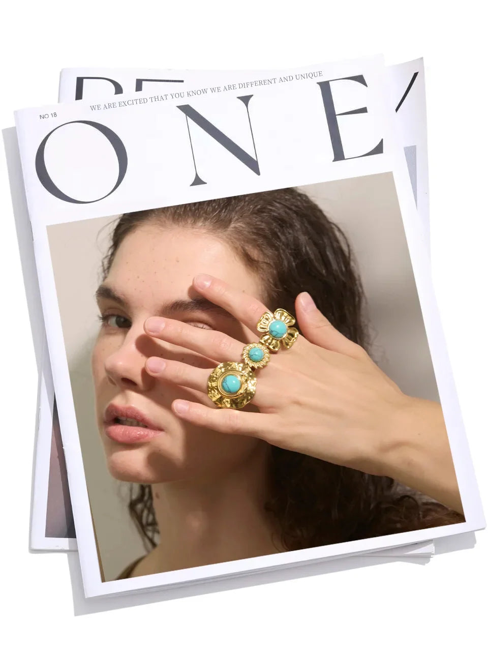 Yhpup Arrivals Blue Turquoise Flower Sun Adjustable Ring for Women 18K Golden Plated Stainless Steel Fashion Finger Jewelry