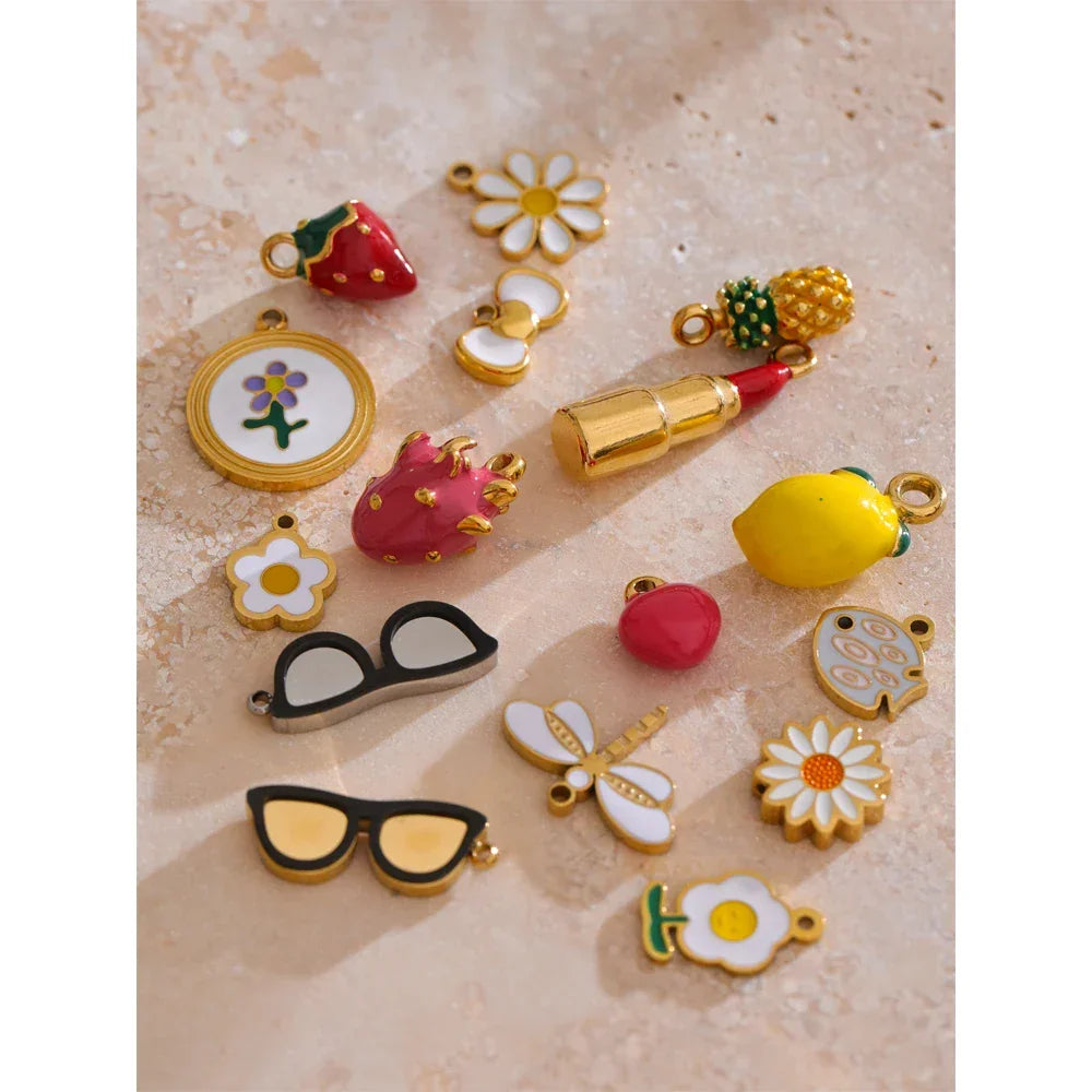 Fashion Enamel Lemon Strawberry Heart Flower Gift DIY Accessories Making Necklace Bracelet Earring Stainless Steel Jewelry