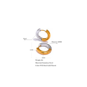 Gold and silver two-tone stainless steel hoop earrings, 20mm diameter, elegant design