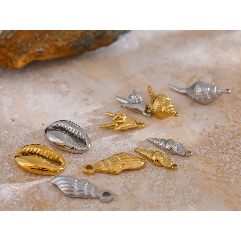 Trendy Stainless Steel Metal 18k Gold PVD Plated Waterproof Conch Shell Ocean Palm Charm Accessories DIY Jewelry
