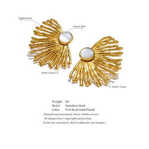 Gold earrings with natural shell center on a white background