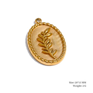 Gold pendant with leaf design on a white background