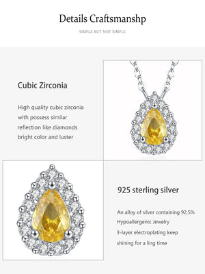 A jewelry product detail graphic showing a silver pendant necklace with a teardrop-shaped yellow cubic zirconia stone surrounded by small clear stones. The layout includes text describing the cubic zirconia and 925 sterling silver materials on a light gray background.