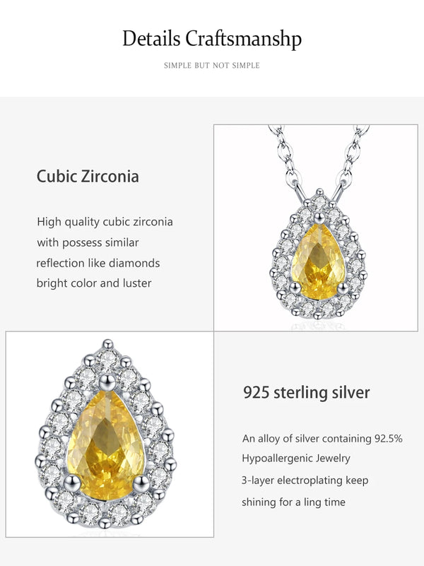A jewelry product detail graphic showing a silver pendant necklace with a teardrop-shaped yellow cubic zirconia stone surrounded by small clear stones. The layout includes text describing the cubic zirconia and 925 sterling silver materials on a light gray background.