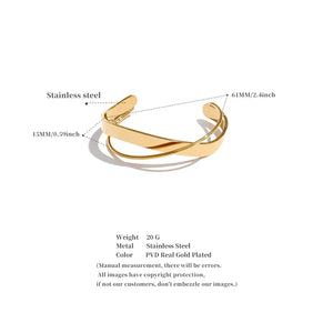 Gold bracelet with measurements and product details on a white background.